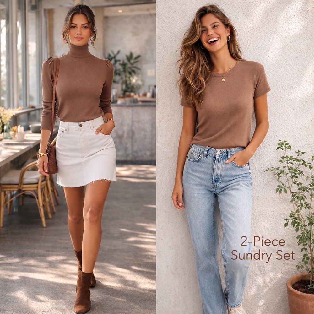 NWT Sundry Ribbed 2 Piece Top Set, Puff Sleeve Turtleneck XS + Fitted Tee S